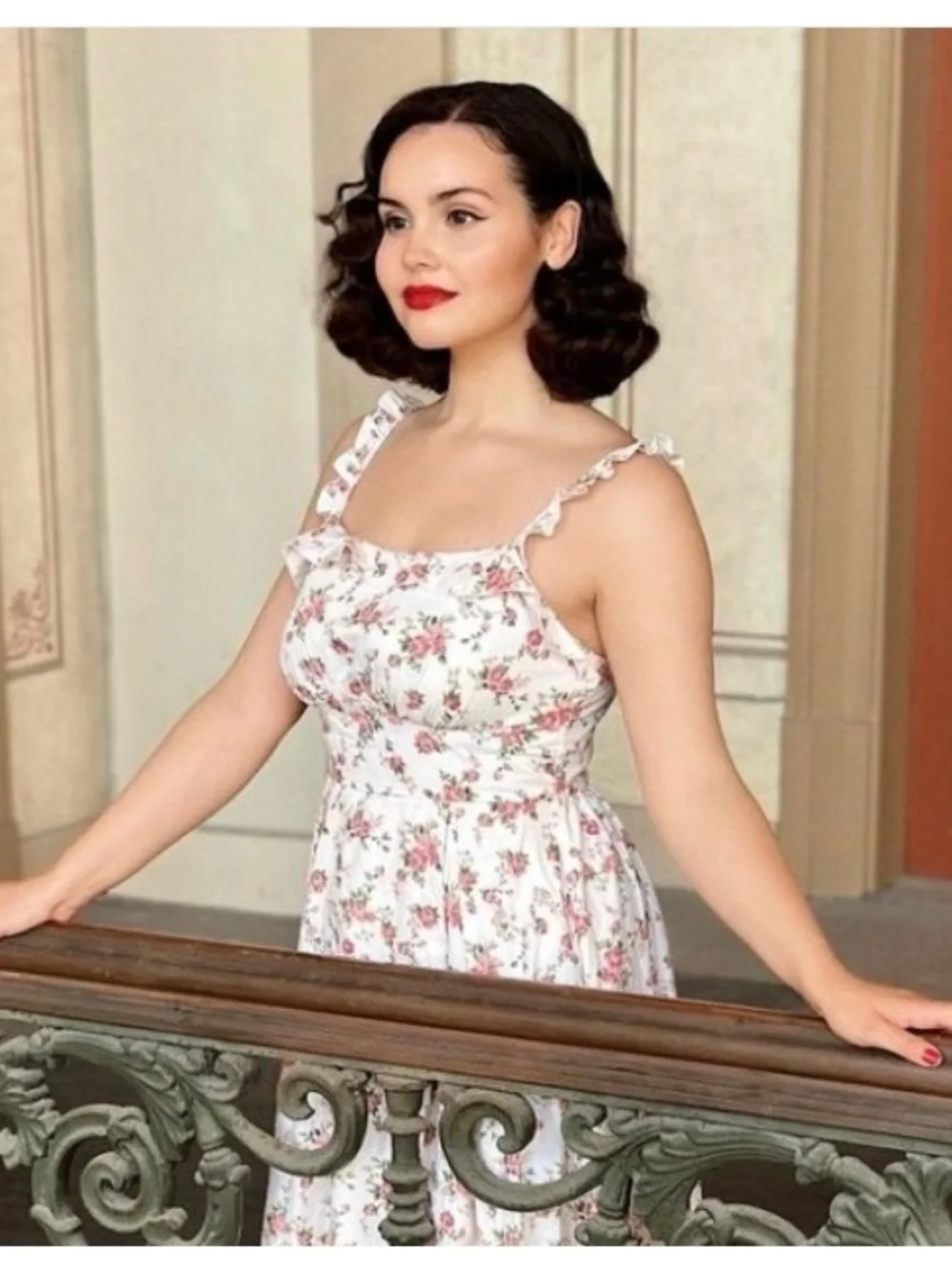 Belle Poque Floral Ruffle Sundress - Cream with Pink Roses. XL